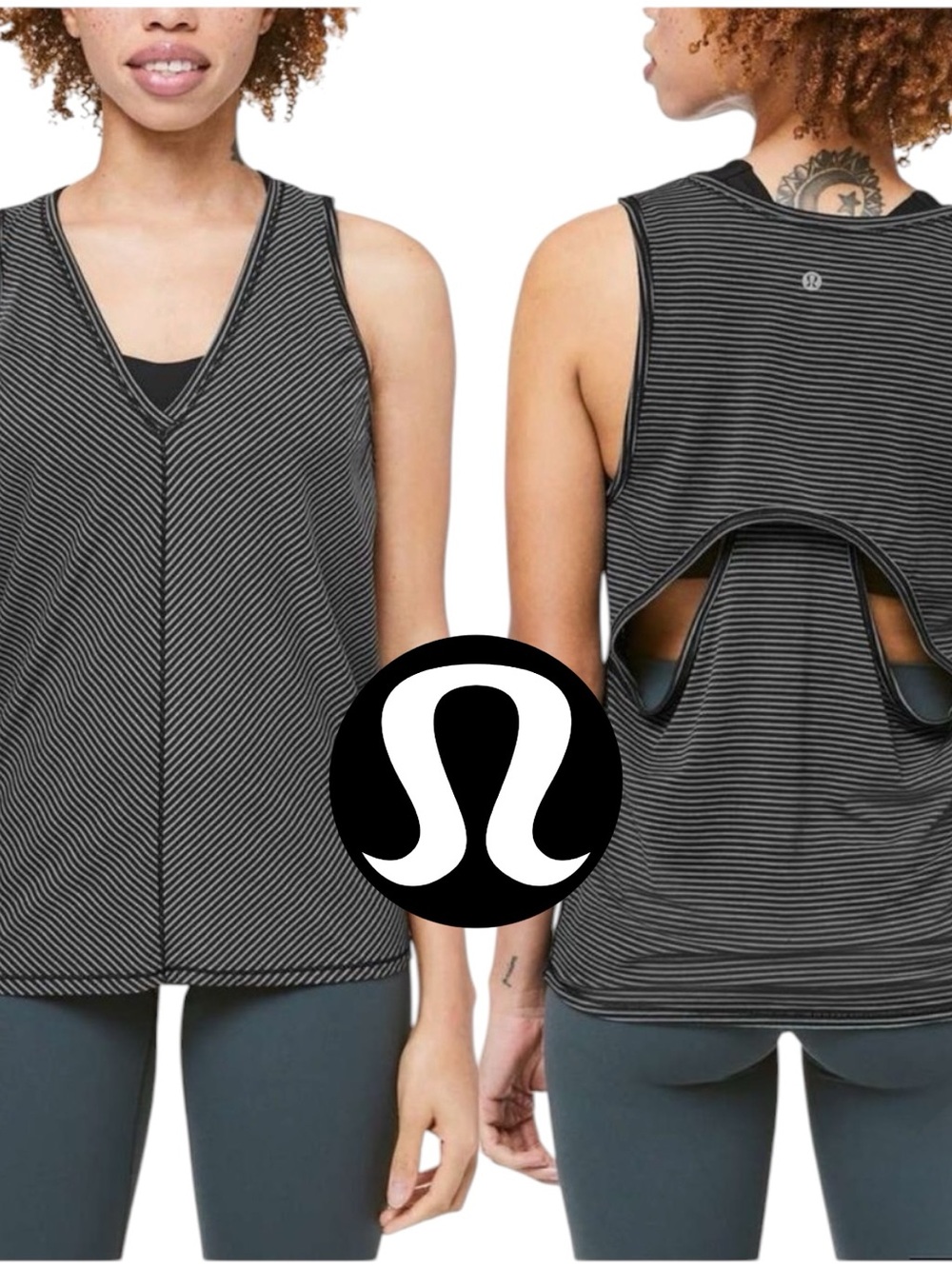 lululemon athletica Black and Gray Striped V-Neck Open-Back Tank Top